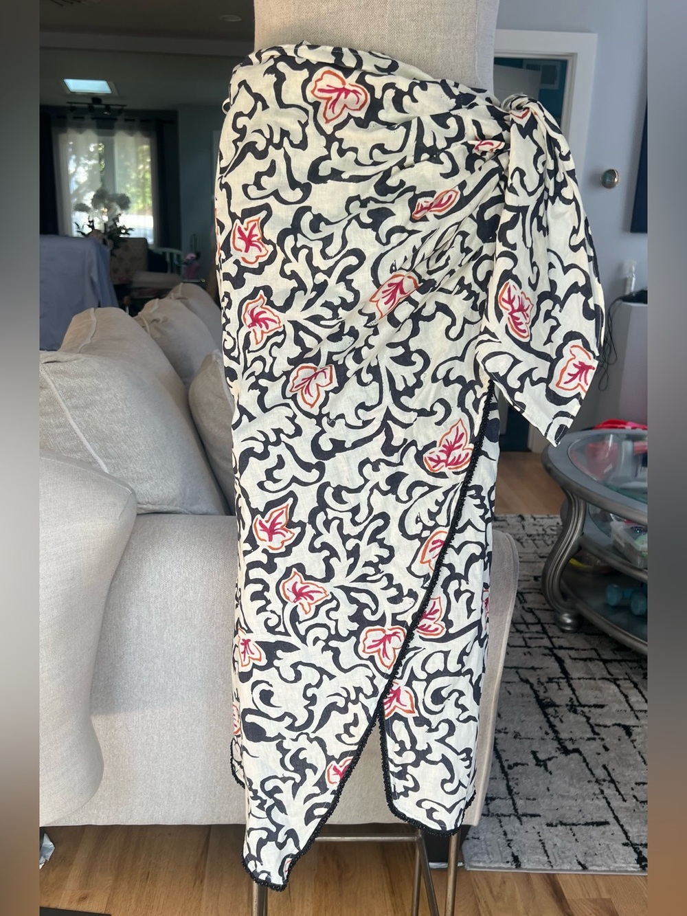 Tie-Waist Floral Print Wrap Pareo Skirt Cream & Black with Pink Accents